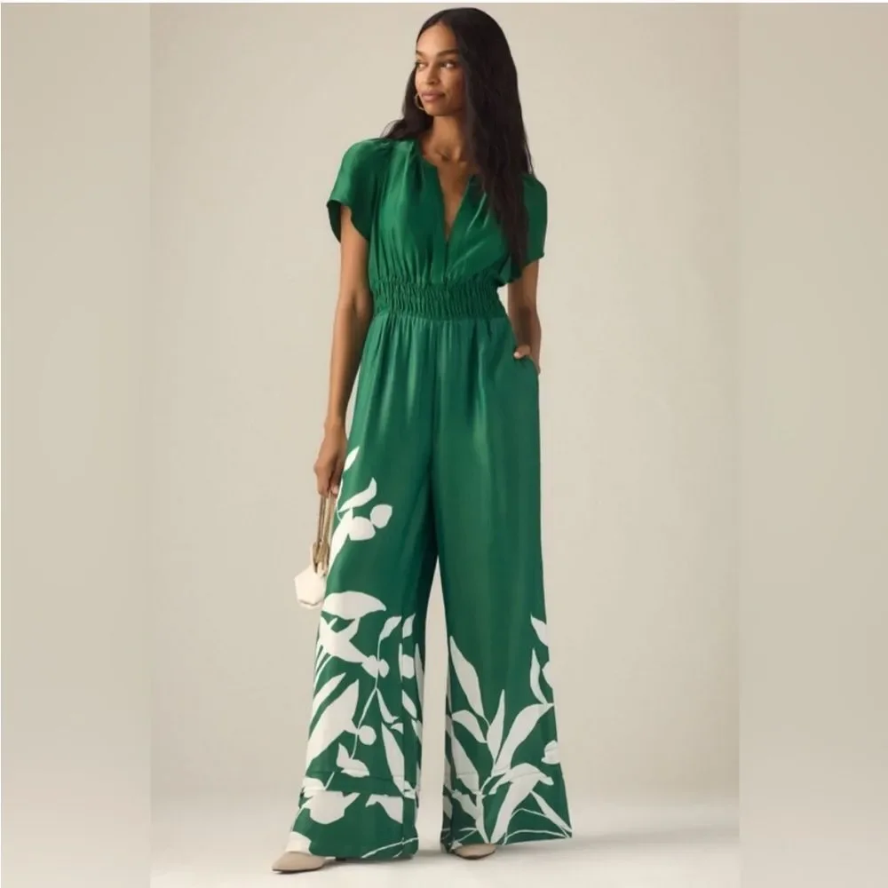 Anthropologie Green Floral White Leaf Motif The Somerset Jumpsuit Size Medium